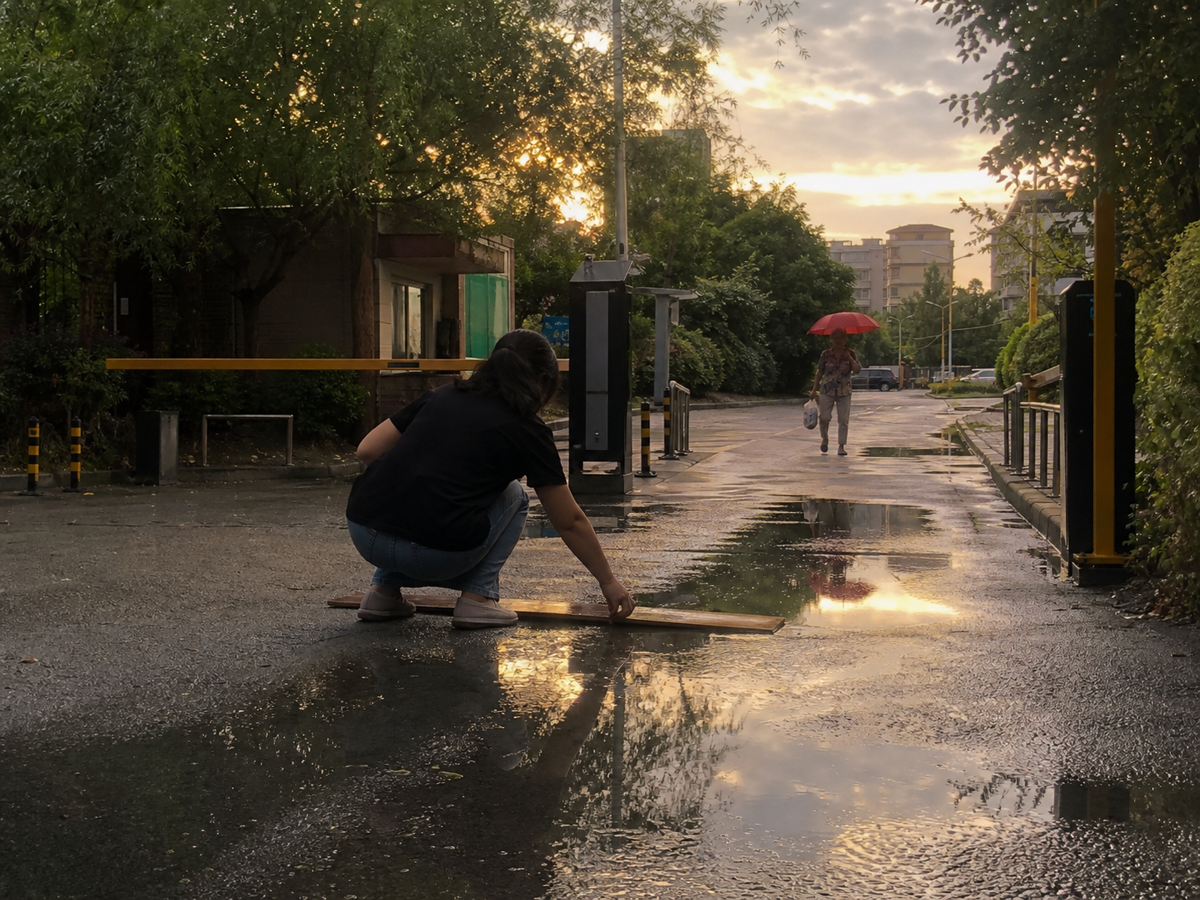 雨后积水路段为经过的人铺下一块木板