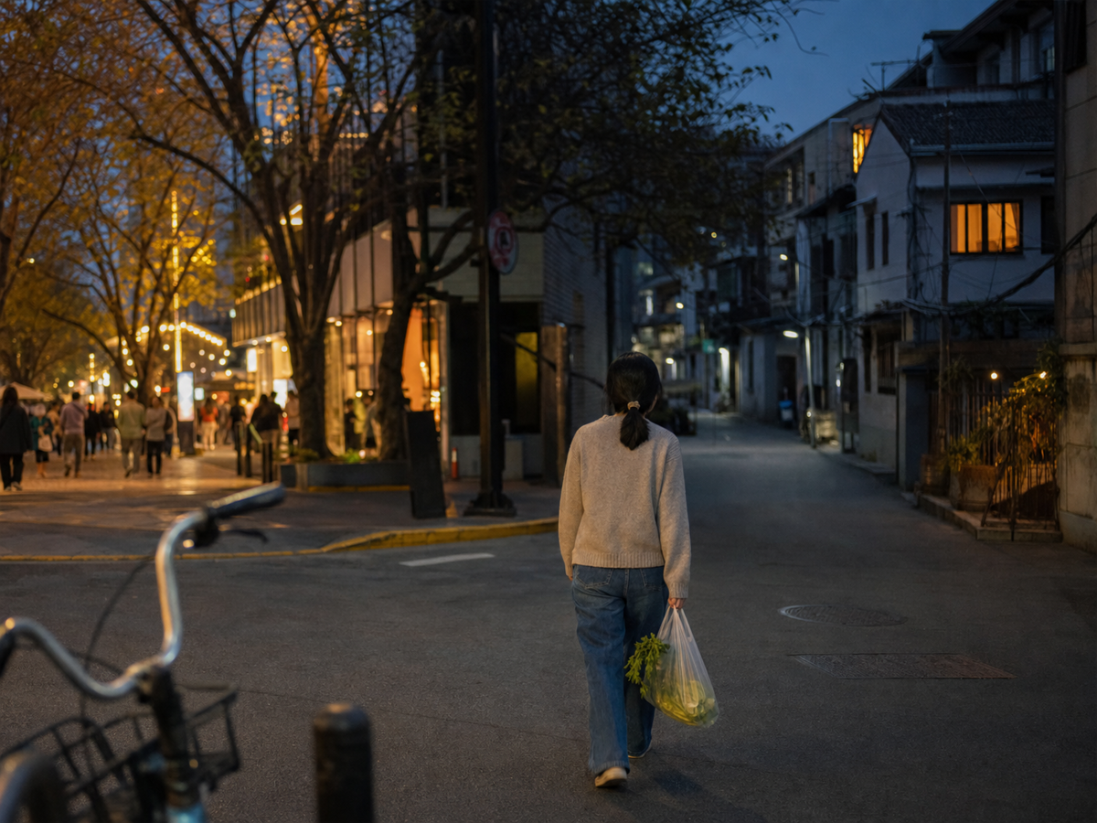 暮色中离开热闹街道走向安静小巷