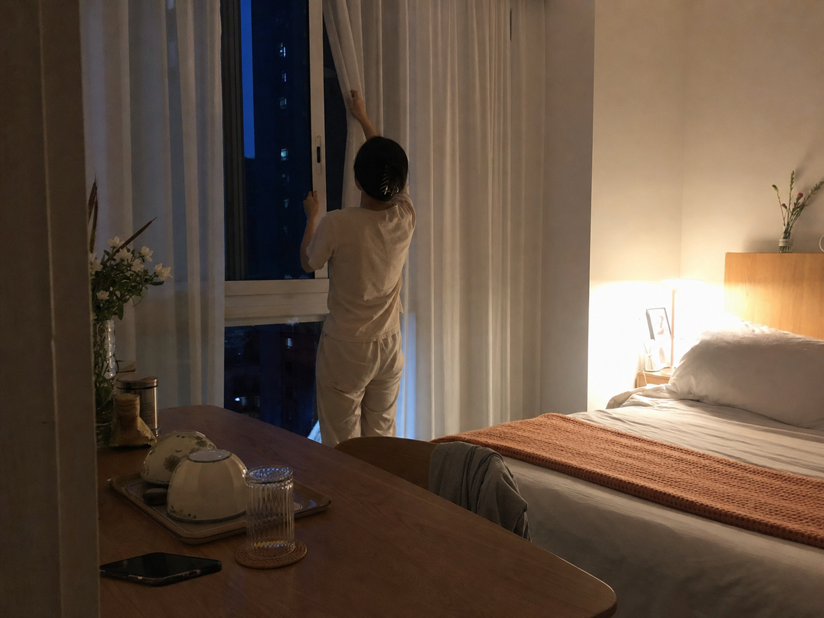 夜晚拉好窗帘准备结束寻常一天