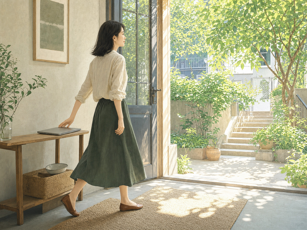 女子完成一项工作后合上电脑走向洒满阳光的楼下