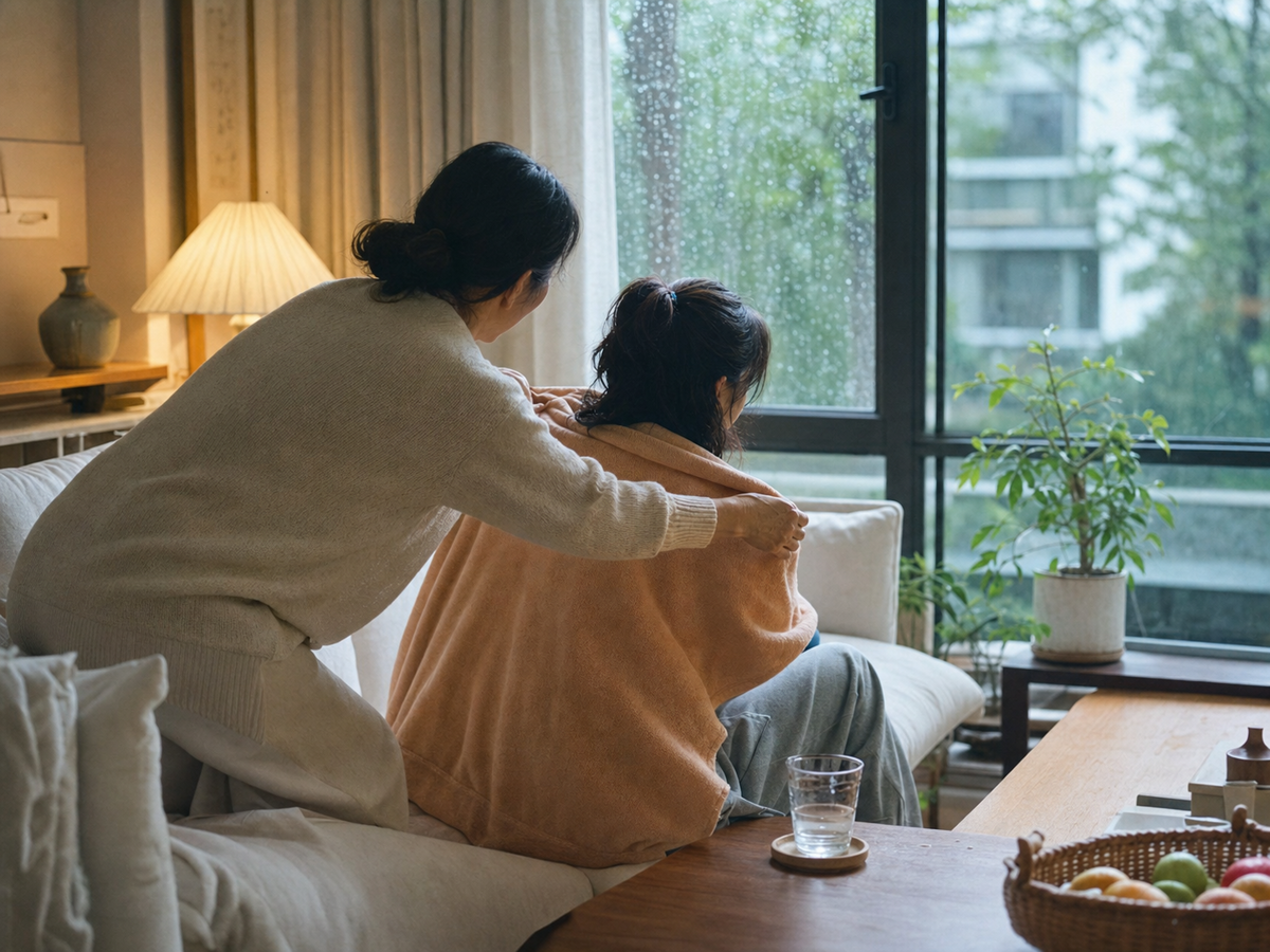 雨后窗边有人轻轻披上薄毯并递来温水