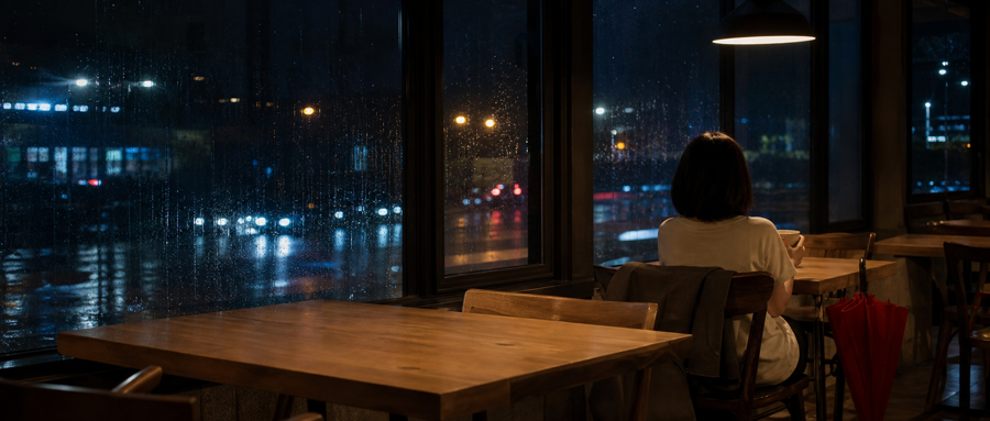 雨夜聚会散去后独自坐在空餐厅窗边