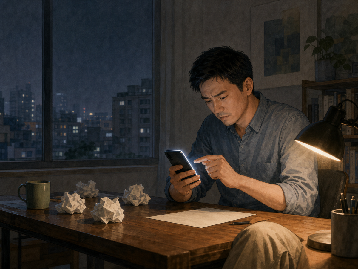 深夜男子坐在桌前反复修改尚未发出的消息