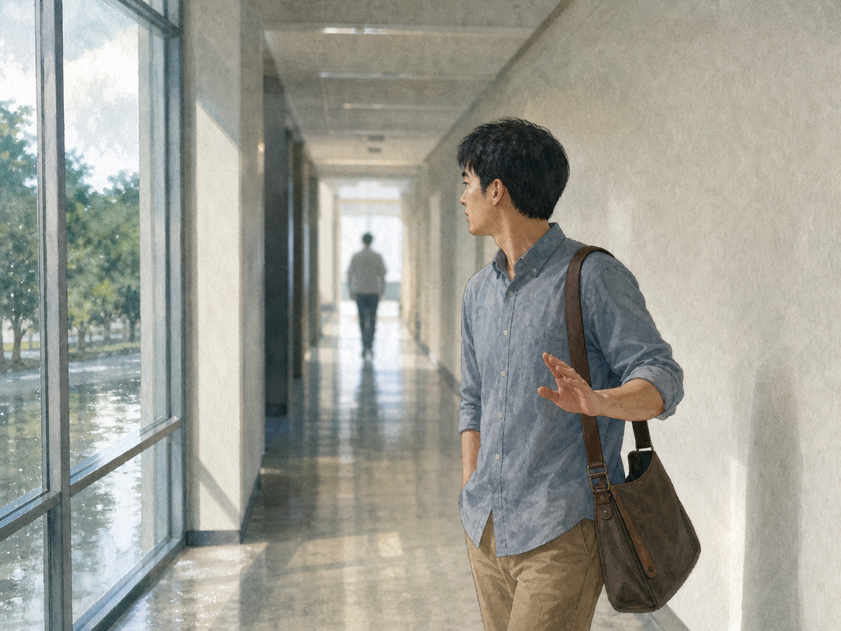 办公室走廊里男子平静说完几句话后转身离开