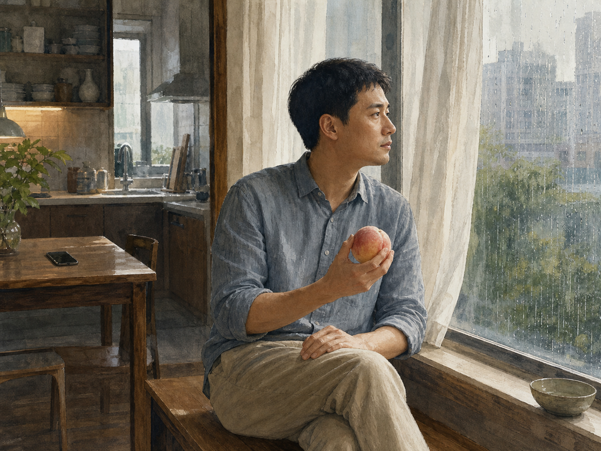雨天男子把手机留在桌上并端着桃子坐到窗边
