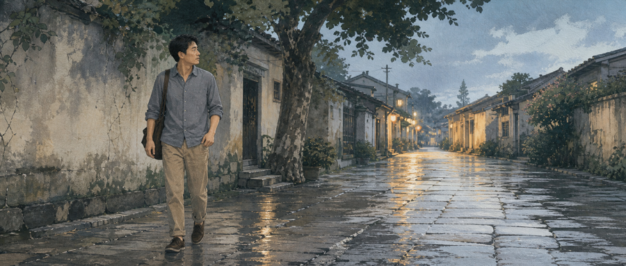 雨后傍晚男子收起手机独自走过安静街巷