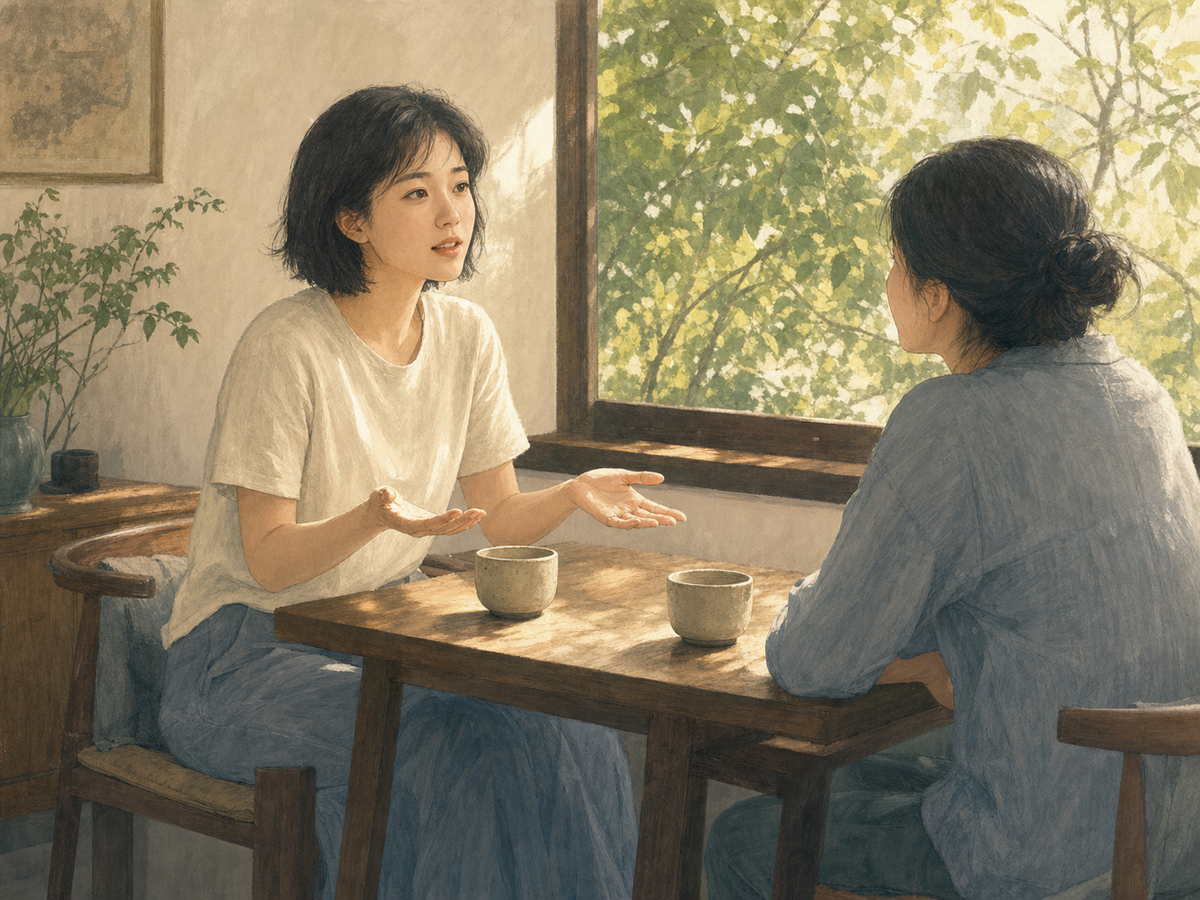 短发女子在安静茶桌前向朋友坦然说出自己的难处