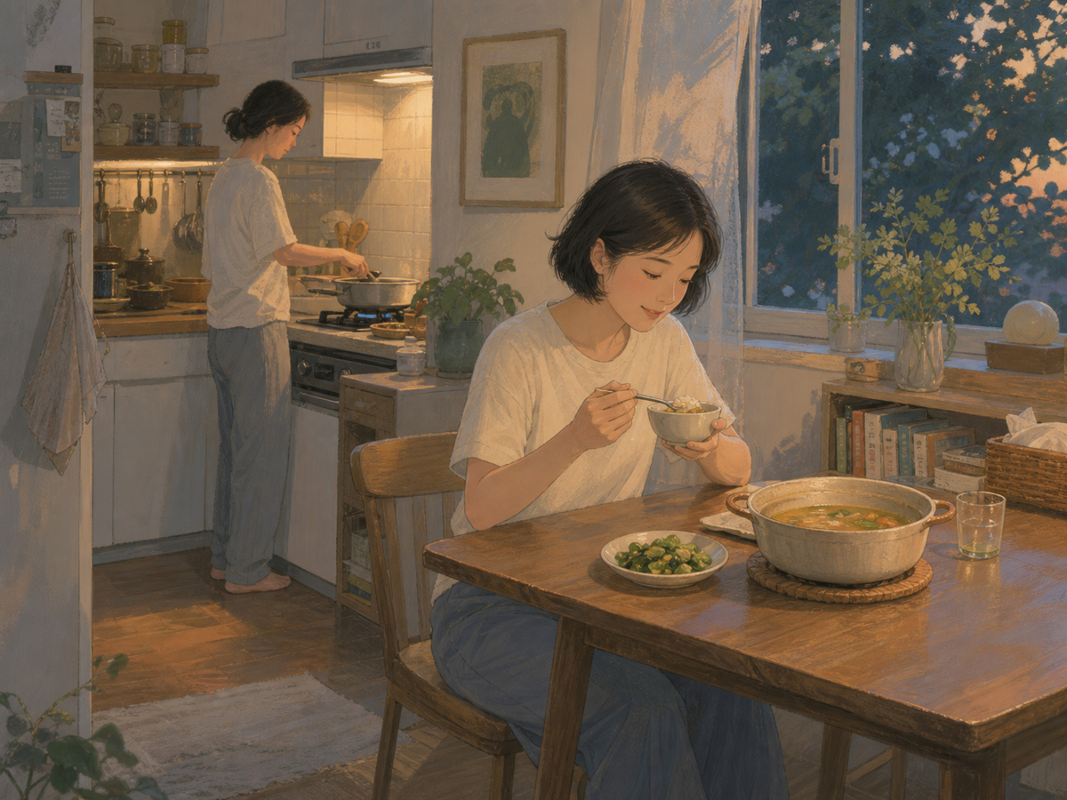 朋友在厨房照看炉火短发女子坐在餐桌前安心吃饭