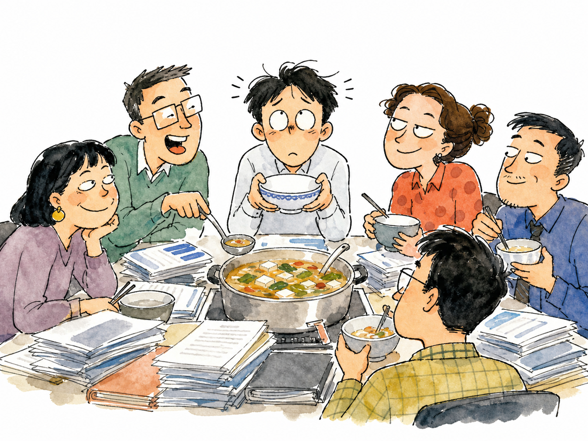 同事围桌开会时有人端着空碗期待地看向上司