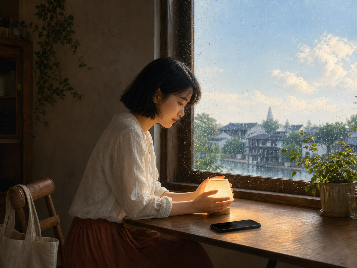 女子在雨后窗边收起手机并守着暖黄小灯