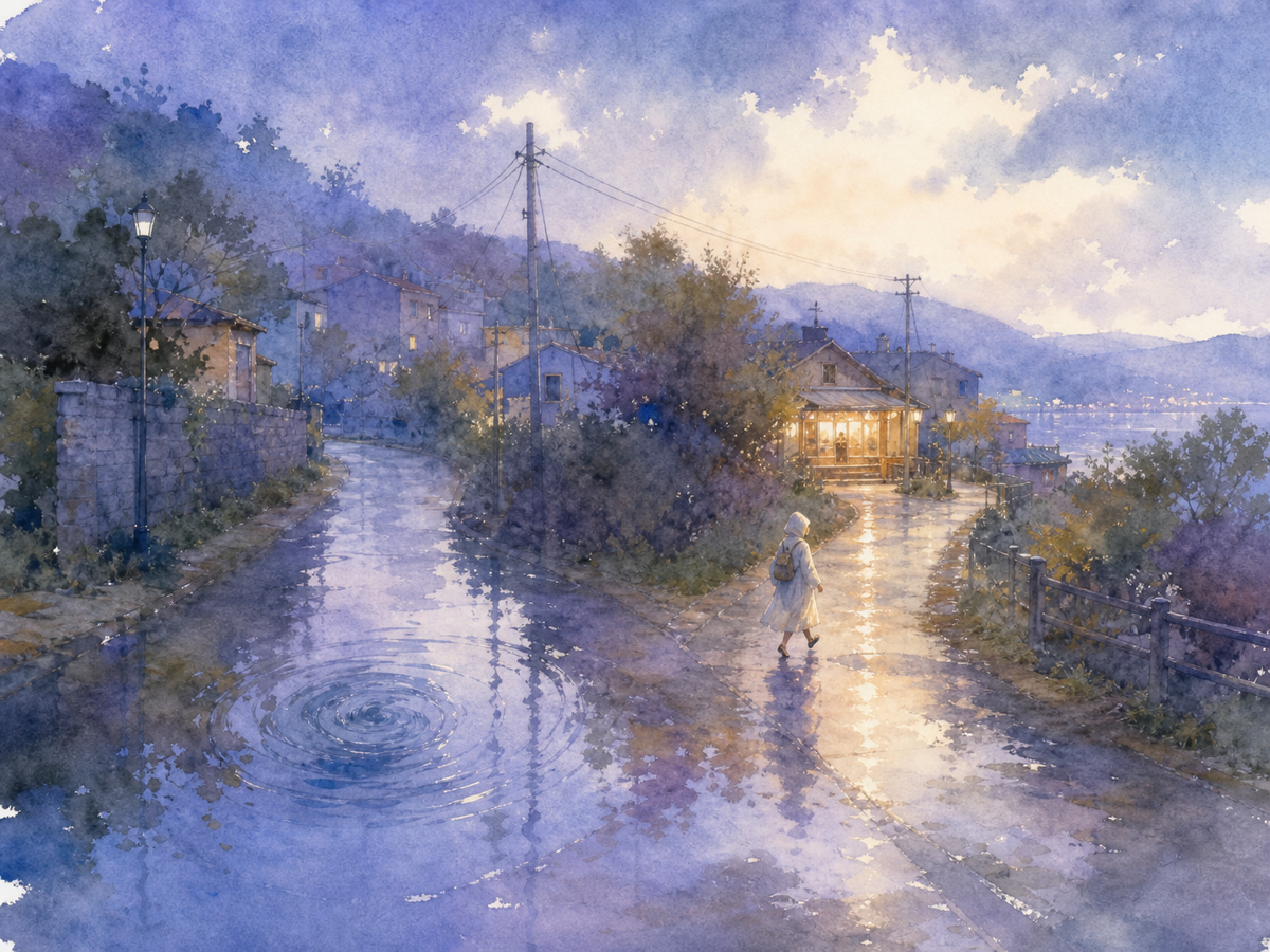 水彩雨后街口的旅人离开积水旋涡走向亮灯小店