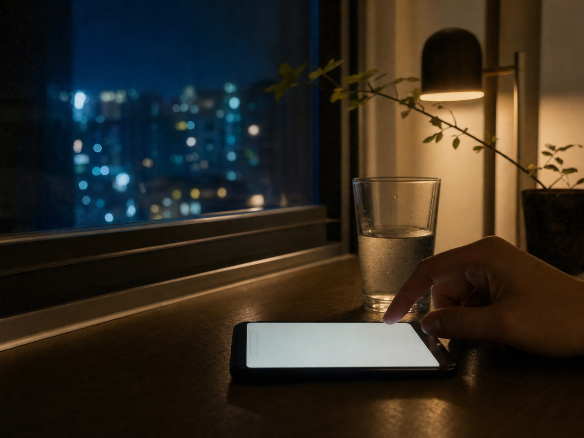 夜晚窗边的手机停在被清空的聊天输入框前