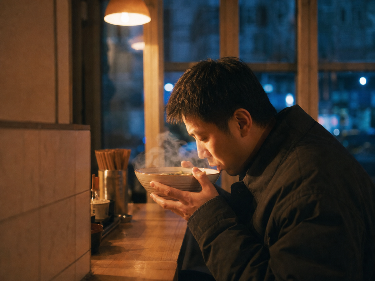 夜晚小餐馆里疲惫的人双手捧着一碗热汤面