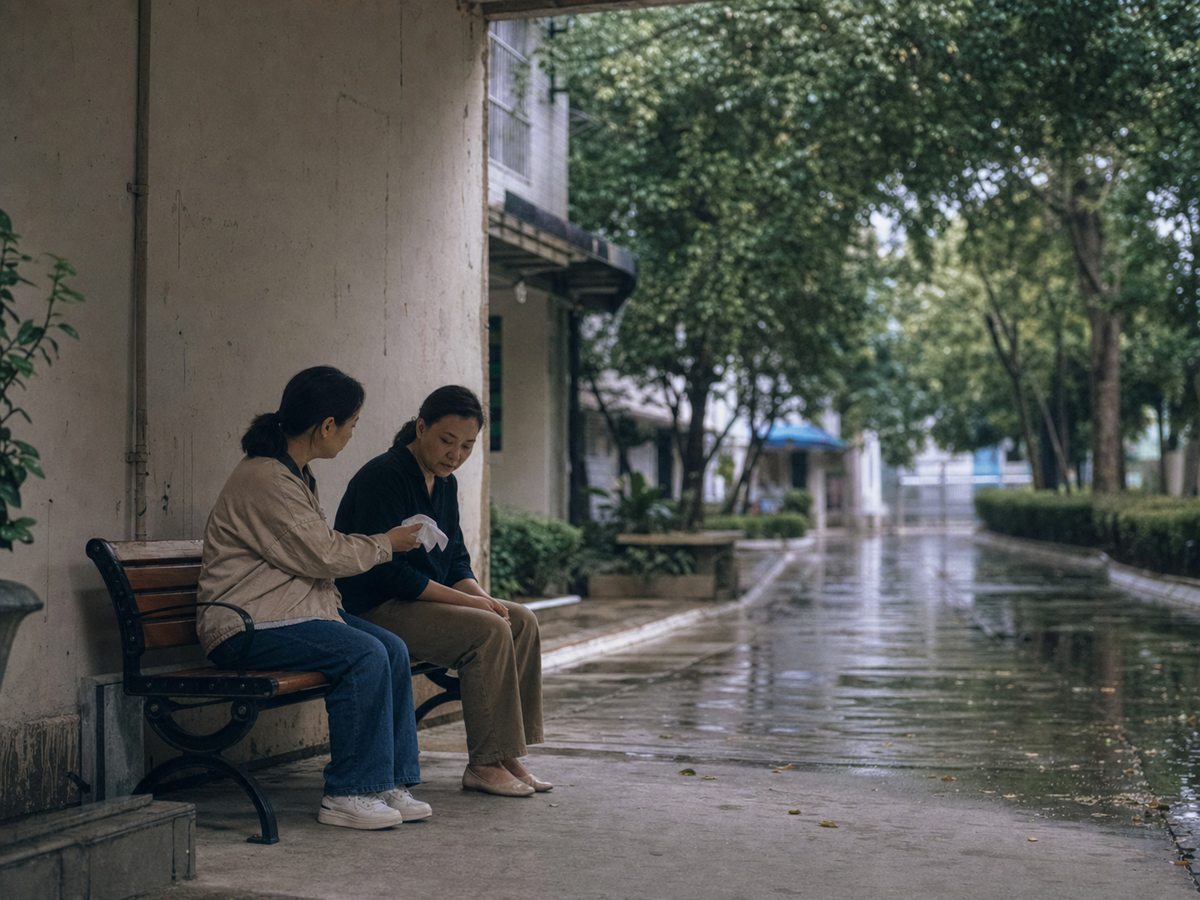 雨后屋檐下两位朋友安静并肩坐在长椅上