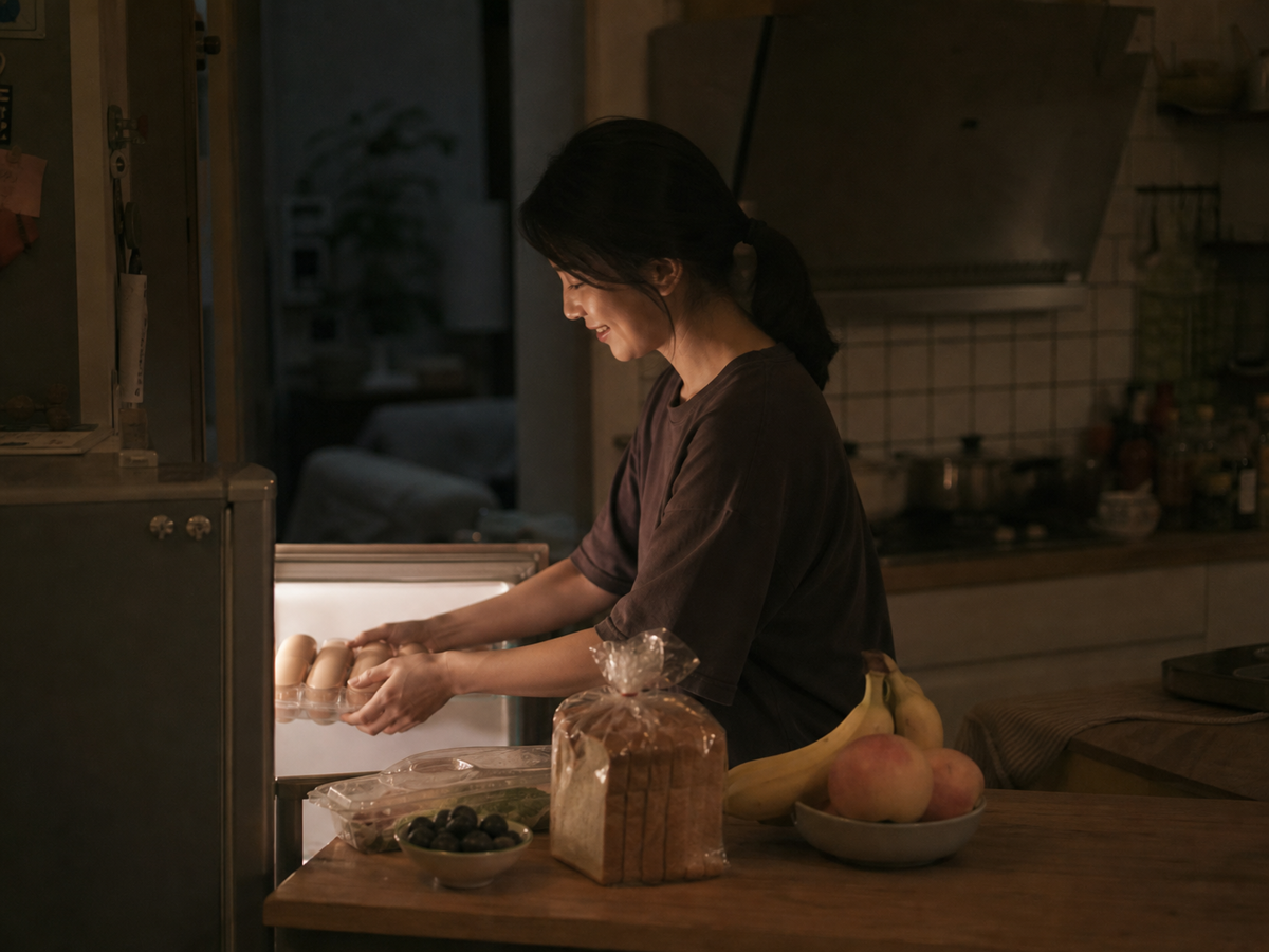夜晚厨房里的人为明早准备鸡蛋面包和水果