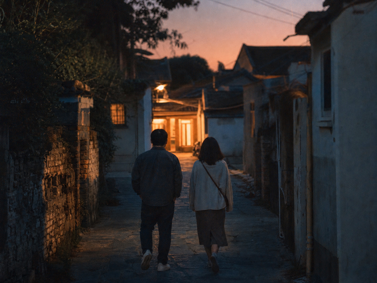 黄昏小路上两个人轻装并肩走向亮着灯的家